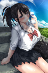 Rule 34 | 1girl, absurdres, bag, black hair, black skirt, blue sky, breasts, brown eyes, can, cleavage, cloud, collarbone, collared shirt, day, drink, drink can, feet out of frame, funky45, grass, highres, holding, holding drink, hot, large breasts, medium hair, original, outdoors, parted lips, pleated skirt, ponytail, red neckwear, school bag, school uniform, shirt, sidelocks, sitting, skirt, sky, soda can, solo, stairs, sweat, tented shirt, thighs, uniform, white shirt
