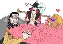 3boys ? black_hair black_hat black_shirt blonde_hair cat&#039;s_cradle coat crocodile_(one_piece) cross cross_necklace donquixote_doflamingo dracule_mihawk earrings facial_hair feathered_coat goatee grey_coat grin hair_slicked_back hat hat_feather heart high_collar jewelry looking_at_viewer male_focus mg_cls multiple_boys multiple_rings mustache necklace one_piece open_clothes patterned_clothing pink_coat red_shirt ring scar scar_on_face shirt short_hair simple_background smile stitches strangling sunglasses sword teeth trembling two-tone_shirt veiny_face weapon weapon_on_back white_background yellow_eyes yellow_shirt yoru_(sword)