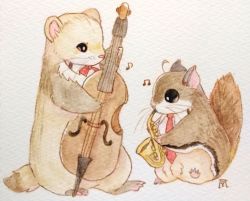 Rule 34 | animal, animal focus, bass guitar, bow, bowtie, commentary request, ferret, fluefluekoubo26, highres, holding, holding instrument, instrument, jazz, musical note, necktie, no humans, original, painting (medium), red bow, red bowtie, red necktie, saxophone, simple background, squirrel, traditional media, watercolor (medium), white background