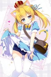 Rule 34 | 1girl, :3, animal ear fluff, animal ears, apron, bag, blonde hair, blue bow, blue dress, blue eyes, blue one-piece swimsuit, blue ribbon, blush, bow, cat ears, cat girl, cat tail, closed mouth, clothes lift, collared dress, commentary request, crown, dress, dress lift, fingernails, hair between eyes, hair ribbon, head tilt, heart, highres, knees together feet apart, lifted by self, long hair, looking at viewer, maid apron, nagayama yuunon, one-piece swimsuit, original, puffy short sleeves, puffy sleeves, ribbon, school swimsuit, short sleeves, shoulder bag, solo, swimsuit, swimsuit under clothes, tail, tail bow, tail ornament, tail raised, thighhighs, twintails, white apron, white thighhighs, wrist cuffs