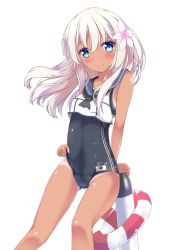 Rule 34 | 10s, 1girl, blonde hair, blue eyes, flower, fuuna, hair flower, hair ornament, kantai collection, lifebuoy, long hair, ro-500 (kancolle), school swimsuit, smile, solo, swim ring, swimsuit, swimsuit under clothes, tan, tanline, torpedo
