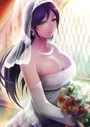 Rule 34 | 10s, 1girl, anaumenondai, black hair, bouquet, breasts, bridal veil, cleavage, curtains, dress, elbow gloves, flower, gloves, green eyes, ichimatsu (anaumemondai), large breasts, long hair, love live!, love live! school idol project, scrunchie, smile, solo, tojo nozomi, twintails, veil, wedding dress, white gloves, window