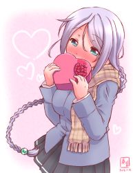 Rule 34 | 10s, 1girl, alternate eye color, aqua eyes, blush, box, braid, breasts, cardigan, commentary request, covering own mouth, dated, full-face blush, gift, gift box, hair tie, heart, heart-shaped box, highres, holding, holding gift, kanon (kurogane knights), kantai collection, large breasts, long hair, long sleeves, looking at viewer, no gloves, parted bangs, pleated skirt, scarf, silver hair, single braid, skirt, solo, umikaze (kancolle), valentine, very long hair