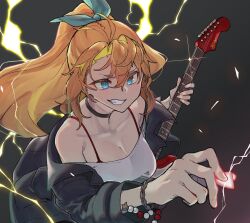 Rule 34 | 1girl, antenna hair, bead bracelet, beads, black background, black choker, black jacket, blonde hair, blue bow, blue eyes, bow, bracelet, breasts, cevio, choker, cleavage, commentary, electric guitar, electricity, floating hair, glint, glowing, grin, guitar, hair bow, highres, holding, holding instrument, holding plectrum, instrument, jacket, jacket partially removed, jewelry, large breasts, long hair, off-shoulder shirt, off shoulder, open clothes, open jacket, plectrum, ponytail, shirt, smile, solo, spaghetti strap, toriniku29, tsurumaki maki, upper body, v-shaped eyebrows, voiceroid, white shirt