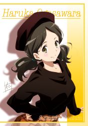 Rule 34 | 1girl, bad id, bad pixiv id, beret, brown hair, brown hat, brown sweater, character name, hat, hibike! euphonium, highres, logo, long hair, looking at viewer, low twintails, nii manabu, ogasawara haruka, shadow, smile, solo, sweater, twintails, upper body, yellow eyes