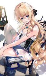 Rule 34 | 1girl, adapted costume, bare shoulders, black bow, blonde hair, blue eyes, bodice, bow, breasts, candle, cleavage, commentary, drill hair, drill sidelocks, genshin impact, hair between eyes, hair bow, highres, hirai yuzuki, jewelry, knee up, long hair, looking at viewer, looking to the side, medium breasts, navia (genshin impact), necklace, on chair, parted lips, showgirl skirt, sidelocks, signature, sitting, smile, solo, thighhighs, very long hair, white background, white thighhighs