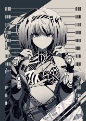 Rule 34 | 1girl, barcode, bare shoulders, berryverrine, bob cut, breasts, cleavage, closed mouth, elbow gloves, english text, eyelashes, gloves, greyscale, hairband, highres, monochrome, nail polish, navel, original, shirt, short hair, sleeveless, sleeveless shirt, small breasts, solo, split mouth, striped clothes, striped hairband, torn clothes, torn shirt