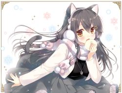 Rule 34 | 1girl, :d, animal hair, baozi, black shirt, breasts, brown eyes, cat tail, earmuffs, food, grey hair, grey skirt, haruna (kancolle), holding, holding food, jacket, jewelry, kantai collection, large breasts, long hair, looking at viewer, necklace, official alternate costume, open mouth, revision, scarf, shigunyan, shirt, simple background, skirt, smile, solo, tail, twitter username, white background, white jacket, white scarf
