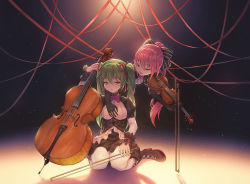 Rule 34 | backlighting, black bow, black dress, black gloves, boots, bow, bow (music), cello, commentary, dress, english commentary, facing another, framed breasts, gloves, green eyes, green hair, hair bow, hair ribbon, hand on another&#039;s chest, hand up, hatsune miku, holding, holding instrument, holding violin, instrument, leaning forward, long hair, megurine luka, neriw, pink hair, ponytail, red ribbon, ribbon, scrunchie, shadow, sitting, spotlight, striped, striped bow, thighhighs, twintails, very long hair, violin, vocaloid, wariza, white legwear, wrist scrunchie, yuri