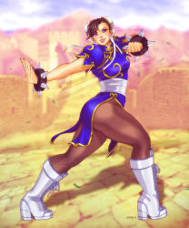Rule 34 | 1girl, black hair, boots, bracelet, bun cover, capcom, chinese clothes, chun-li, double bun, eddie holly, eyeshadow, fighting stance, full body, high heel boots, high heels, jewelry, lipstick, looking at viewer, makeup, pantyhose, smile, solo, spiked bracelet, spikes, street fighter