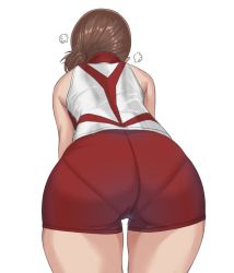 Rule 34 | 1girl, ass, bent over, blouse, brown hair, facing away, from behind, highres, pantylines, ponytail, shirt, simple background, sleeveless, sleeveless shirt, solo, white background, yamano rita