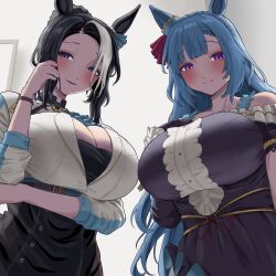 2girls animal_ears aqua_ascot aqua_ribbon ascot asymmetrical_gloves bare_shoulders black_dress black_gloves black_hair blue_eyes blue_hair blush bow bracelet braid breasts cleavage collarbone commentary_request crown_braid dress ear_ornament ear_ribbon frills gloves highres horse_ears horse_girl jewelry large_breasts long_hair long_sleeves looking_at_viewer mejiro_ardan_(umamusume) mejiro_ramonu_(umamusume) mismatched_gloves mole mole_under_eye multicolored_hair multiple_girls parted_lips pickel_(ddtt8858) purple_eyes ribbon simple_background single_glove smile streaked_hair umamusume upper_body white_background white_gloves white_hair