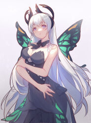 Rule 34 | 1girl, absurdres, bare shoulders, black dress, black ribbon, breasts, butterfly wings, cleavage, cloudyman, commentary request, detached collar, dress, feather hair ornament, feathers, hair ornament, highres, insect wings, large breasts, liv: empyrea (dreamcatcher) (punishing: gray raven), liv: empyrea (punishing: gray raven), liv (punishing: gray raven), long hair, neck ribbon, pink eyes, punishing: gray raven, ribbon, sleeveless, sleeveless dress, very long hair, white hair, wing hair ornament, wings