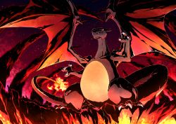 Rule 34 | charizard, claws, closed mouth, creatures (company), fang, fang out, fire, flame-tipped tail, game freak, gen 1 pokemon, horns, large wings, looking away, nintendo, no humans, pokemon, pokemon (creature), pokemon rgby, red background, sorairo (18391611), wings