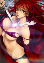 Rule 34 | 1girl, ao no exorcist, breasts, covered erect nipples, highres, kazakami yuu, kirigakure shura, large breasts, lips, long hair, looking at viewer, off shoulder, open fly, parted lips, ponytail, purple eyes, red hair, short shorts, shorts, solo, strap slip, sword, unzipped, weapon