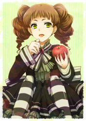 Rule 34 | 1girl, apple, bad id, bad pixiv id, brown hair, drill hair, food, fruit, green eyes, holding, holding food, holding fruit, original, pantyhose, short hair, solo, striped clothes, striped pantyhose, tongue, tongue out, twin drills, twintails, uka (color noise)