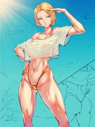 Rule 34 | 1girl, aircraft, airplane, android 18, ass, beach, bikini, blonde hair, blue eyes, blue sky, breasts, coconut tree, collage, commentary request, cowboy shot, crop top, crop top overhang, day, dimples of venus, dragon ball, dragonball z, expressionless, facing viewer, feet out of frame, forehead, hand on own hip, highleg, highleg bikini, juaag acgy, large breasts, lens flare, light rays, linea alba, multiple views, navel, off-shoulder shirt, off shoulder, outdoors, oversized clothes, palm tree, shading eyes, shirt, short hair, sketch, sky, standing, sunbeam, sunlight, swimsuit, thick thighs, thighs, thong bikini, toned, tree, wet, wet clothes, wet shirt, yellow bikini