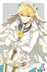 Rule 34 | 1boy, 92 (artist), anger vein, belt, blonde hair, chain, commentary, cosplay, crossdressing, dutch angle, earrings, fate/grand order, fate/stay night, fate (series), flower, forced smile, gilgamesh (fate), gloves, grey background, hair flower, hair ornament, head wreath, highres, jewelry, lock, long sleeves, looking at viewer, male focus, nero claudius (bride) (fate), nero claudius (fate), nero claudius (fate) (all), pants, red eyes, saber bride, saber bride (cosplay), simple background, solo, v-shaped eyebrows, veil, vest, white gloves, white vest, zipper