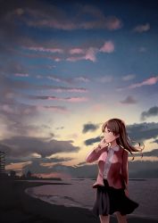 Rule 34 | 10s, 1girl, beach, brown eyes, brown hair, cloud, highres, jacket, kantai collection, long sleeves, night, ocean, ooi (kancolle), open clothes, open jacket, ship, shirt, skirt, sky, solo, soramuko, town, watch, watercraft, wristwatch