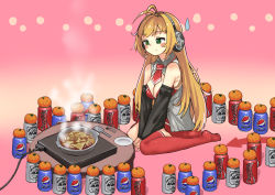 Rule 34 | 1girl, ahoge, alcohol, asahi breweries, beer, beer can, between legs, blonde hair, blush stickers, cable, can, coca-cola, commentary, drink can, electric plug, food, fork, fruit, green eyes, grey shirt, half-closed eyes, hand between legs, headphones, highres, hotplate, long hair, looking down, mandarin orange, microa, necktie, pepsi, plate, red necktie, red skirt, red thighhighs, shirt, short necktie, shoulder blush, sitting, skirt, sleeveless, sleeveless shirt, smile, soda can, solo, spatula, split mouth, spoon, steam, sweatdrop, table, thighhighs, tsurumaki maki, voiceroid, wariza