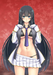 Rule 34 | &gt;:|, 10s, 1girl, :|, bikini, bikini under clothes, black bikini, black eyes, black hair, black necktie, black shirt, blunt bangs, breasts, closed mouth, clothes pull, cowboy shot, gloves, ikaruga (senran kagura), large breasts, long hair, long sleeves, looking at viewer, military, military uniform, navel, necktie, open clothes, open shirt, osafune kairi, parted lips, senran kagura, shirt, skirt, skirt pull, solo, stomach, swimsuit, uniform, v-shaped eyebrows, very long hair, white gloves