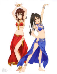 Rule 34 | 2girls, absurdres, anklet, arabian clothes, arm up, armband, armpits, arms up, bikini, black hair, blue bikini, blue sarong, blush, bracelet, breasts, brown eyes, brown hair, cleavage, closed mouth, dancing, gem, hair ornament, high school fleet, highres, jewelry, jiang yifan, kuroki hiromi, long hair, looking at viewer, mc axis, multiple girls, munetani mashiro, navel, official art, open mouth, ponytail, red bikini, red eyes, red sarong, sarong, scan, simple background, small breasts, smile, standing, swimsuit, white background