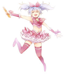 Rule 34 | 1girl, bow, cosplay, cure melody, cure melody (cosplay), frilled skirt, frills, gender request, genderswap, gintama, hair bow, magical girl, maruki (punchiki), midriff, pink thighhighs, precure, sakata gintoki, short twintails, silver hair, skirt, solo, suite precure, thighhighs, twintails