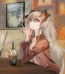 Rule 34 | 1girl, alternate costume, arknights, brown jacket, casual, chinese commentary, commentary request, cup, disposable cup, drinking straw, earrings, fingernails, frappuccino, ghooost, hair between eyes, hands up, head tilt, highres, horns, ifrit (arknights), indoors, interlocked fingers, jacket, jewelry, long hair, long sleeves, looking at viewer, open clothes, open jacket, orange eyes, own hands together, saria (arknights), sharp fingernails, silver hair, solo, starbucks, stud earrings, table, upper body