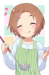 Rule 34 | apron, blouse, blue shirt, blush, brown hair, buttons, collarbone, commentary request, eyelashes, closed eyes, flat chest, green apron, hair ornament, hairclip, highres, holding, holding ladle, idolmaster, idolmaster cinderella girls, ladle, long sleeves, musical note, pinstripe pattern, plate, ryuzaki kaoru, shirt, short hair, simple background, smile, solo, striped, tasting plate, tongue, tongue out, upper body, yama tatsuo