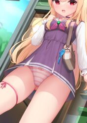 Rule 34 | 1girl, bag, blonde hair, blue sky, breasts, brown bag, cameltoe, cropped, day, dress, dutch angle, little witch nobeta, long hair, long sleeves, looking at viewer, nobeta, official art, panties, pantyshot, purple dress, red eyes, shoulder bag, sky, small breasts, solo, standing, straight hair, striped clothes, striped panties, thighs, underwear, very long hair, white sleeves