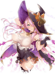 Rule 34 | 1girl, bat (animal), blue eyes, breasts, commentary request, covered erect nipples, covered navel, draph, dress, fingerless gloves, food-themed hair ornament, gloves, granblue fantasy, hair ornament, hair over one eye, hair ribbon, halloween, hat, highres, horns, large breasts, licking lips, light purple hair, nail polish, narmaya (granblue fantasy), pointy ears, pumpkin hair ornament, ribbon, see-through, solo, thighhighs, thighs, thomasz, tongue, tongue out, witch hat