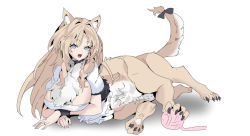 Rule 34 | 1girl, :d, absurdres, animal ear fluff, animal ears, apron, bell, black choker, black ribbon, blue eyes, body fur, breasts, brown fur, brown hair, centauroid, chinese commentary, choker, claws, cleavage, commentary, detached sleeves, dog ears, fang, frilled apron, frills, full body, hair between eyes, hair intakes, highres, jewelry, large breasts, long hair, looking at viewer, lying, maid, maid apron, monster girl, multiple legs, neck bell, nipples, on side, open mouth, original, puffy detached sleeves, puffy sleeves, ribbon, ring, shadow, sidelocks, simple background, skin fang, smile, solo, tail, tail ornament, tail ribbon, taur, teeth, white apron, white background, white fur, white sleeves, wristband, yarn, yarn ball, zhu fun