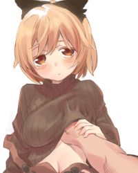 Rule 34 | 1girl, blonde hair, breasts, clothes lift, grabbing, grabbing another&#039;s breast, grabbing another's breast, guided breast grab, guiding hand, kurodani yamame, large breasts, looking at viewer, pine (pine-box), red eyes, ribbed sweater, simple background, solo focus, sweater, touhou, white background