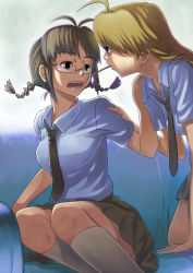 Rule 34 | 00s, 2girls, :o, ahoge, akizuki ritsuko, antenna hair, aqua eyes, arm grab, arm support, blonde hair, blue couch, braid, breasts, brown eyes, brown hair, brown neckwear, brown skirt, collared shirt, couch, eye contact, female focus, food, glasses, hand on another&#039;s shoulder, hand up, hoshii miki, idolmaster, idolmaster (classic), idolmaster 1, inu (aerodog), kneeling, leaning, leaning forward, legs, legs together, long hair, looking at another, medium breasts, mouth hold, multiple girls, neck, necktie, pocky, pocky kiss, round teeth, school uniform, shared food, shirt, short hair, short sleeves, sitting, skirt, socks, teeth, twin braids, white shirt, yuri