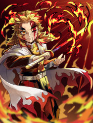 Rule 34 | 1boy, absurdres, belt, blonde hair, blood, blood on face, bruise, bruise on face, cape, flaming sword, flaming weapon, forked eyebrows, highres, holding, holding sword, holding weapon, injury, katana, kimetsu no yaiba, long hair, long sleeves, multicolored hair, one eye closed, orange eyes, red hair, rengoku kyoujurou, sheath, solo, spoilers, standing, sword, sylph kim, two-tone hair, weapon, white belt, white cape