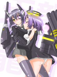 Rule 34 | 10s, 2girls, black dress, black legwear, blush, breasts, cameltoe, cannon, dress, eyepatch, halo, hand on another&#039;s head, hand on another&#039;s shoulder, headgear, hug, kantai collection, leg between thighs, looking at another, looking to the side, mechanical halo, miniskirt, multiple girls, necktie, panties, purple eyes, purple hair, school uniform, shippu-fx, short dress, short hair, skirt, tatsuta (kancolle), tenryuu (kancolle), thighhighs, thighs, underwear, weapon, white panties, yellow eyes, yuri, zettai ryouiki