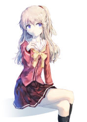 Rule 34 | 10s, 1girl, blue eyes, charlotte (anime), haori io, juice box, crossed legs, long hair, school uniform, silver hair, simple background, drinking, sitting, solo, tomori nao, twintails, two side up