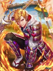 Rule 34 | 1boy, armor, black pants, blonde hair, blue sky, box (hotpppink), bracer, day, fingerless gloves, fire, flag, fire, gloves, grass, greaves, highres, holding, holding weapon, hood, hood down, male focus, official art, outdoors, pants, pink eyes, red footwear, sengoku kishin valkyrie, sky, smirk, solo, water, weapon, white hood, white legwear
