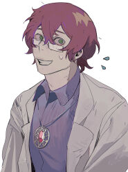 Rule 34 | 1boy, absurdres, collared jacket, collared shirt, flying sweatdrops, freckles, gem, glasses, green eyes, grey jacket, grin, hair between eyes, hashtag-only commentary, highres, jack bright, jacket, jewelry, looking at viewer, male focus, necklace, pendant, pink hair, purple shirt, red gemstone, scp-963, scp foundation, shirt, short hair, simple background, smile, upper body, white background, yulei yuuuuu