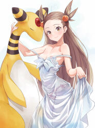 Rule 34 | 1girl, absurdres, ampharos, blush, breasts, brown eyes, brown hair, caee penguin, closed mouth, clothes lift, commentary request, creatures (company), dress, dress lift, eyelashes, game freak, gen 2 pokemon, hair bobbles, hair ornament, hand up, highres, jasmine (pokemon), long hair, nintendo, nipples, pokemon, pokemon (creature), pokemon gsc, see-through, see-through dress, smile, strap slip, two side up, white background, white dress