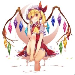 Rule 34 | 1girl, ascot, bad id, bad twitter id, bare legs, barefoot, blonde hair, closed mouth, collared shirt, crescent, crystal, flandre scarlet, frilled skirt, frills, hair between eyes, hand up, hat, head tilt, knee up, konomoto (konomoto), looking at viewer, miniskirt, mob cap, one side up, red eyes, red skirt, red vest, ruffling hair, shirt, simple background, sitting, skirt, skirt set, smile, soaking feet, solo, touhou, vest, white background, white hat, white shirt, wing collar, wings, yellow ascot