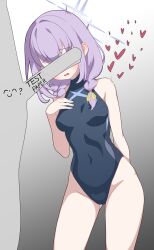 Rule 34 | 1girl, 1other, acalephea, atsuko (blue archive), bare arms, bare legs, bare shoulders, black one-piece swimsuit, blue archive, blush, braid, grey halo, halo, heart, highres, long hair, one-piece swimsuit, open mouth, purple hair, solo focus, swimsuit, twin braids