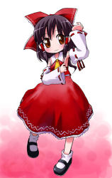 Rule 34 | 1girl, ascot, blush, bow, brown eyes, brown hair, detached sleeves, female focus, frown, hair tubes, hakurei reimu, hat, hat bow, long hair, long sleeves, mary janes, red bow, ribbon-trimmed sleeves, ribbon trim, shoes, socks, solo, touhou, wavy mouth, white socks