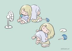 Rule 34 | 2girls, arm at side, arm support, assault lily, back-to-back, barefoot, blonde hair, blue shirt, blunt bangs, chibi, closed eyes, electric fan, food, green background, grey hair, hair down, hair spread out, hand fan, hand on another&#039;s back, hand on another&#039;s leg, hand up, highres, holding, holding food, hot, kabayaki (kabayaki eel), kon kanaho, long hair, lying, lying on person, miyagawa takane, multiple girls, multiple views, no mouth, on back, outstretched arm, paper fan, popsicle, profile, shadow, shirt, short sleeves, shorts, simple background, sitting, soles, striped clothes, striped shirt, sweatdrop, twitter username, white shorts, yellow shirt