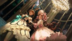 Rule 34 | 2fw16, 2girls, :d, :o, absurdres, ambience synesthesia, amiya (arknights), animal ear fluff, animal ears, aqua ribbon, arknights, bare shoulders, black collar, blush, bonnet, bow, brown eyes, brown hair, chandelier, chinese commentary, closed eyes, collar, commentary, corset, dress, eyjafjalla (arknights), glass, gloves, hair between eyes, highres, holding hands, horns, indoors, jewelry, lolita fashion, long hair, looking at viewer, multiple girls, off-shoulder dress, off shoulder, official alternate costume, open mouth, pantyhose, pink bow, pink corset, puffy short sleeves, puffy sleeves, rabbit ears, ribbon, ring, sheep horns, short sleeves, smile, teeth, tiara, tongue, twintails, upper teeth only, very long hair, white dress, white gloves, white headwear, white pantyhose, window