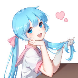 Rule 34 | 1girl, 779420, :d, absurdres, alternate costume, blue eyes, blue hair, blush, commentary request, from side, hair ribbon, hand in own hair, hand on own cheek, hand on own face, hatsune miku, heart, heart-shaped pupils, highres, long hair, looking at viewer, looking to the side, open mouth, pink ribbon, pink sailor collar, ribbon, sailor collar, shirt, short sleeves, simple background, smile, solo, symbol-shaped pupils, table, upper body, vocaloid, white background, white shirt
