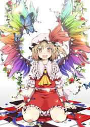 Rule 34 | 1girl, aka ringo, alternate wings, azuma shoujuan, blonde hair, bug, butterfly, embodiment of scarlet devil, female focus, flandre scarlet, flower, gradient hair, hat, insect, multicolored hair, multicolored nails, nail polish, open mouth, ponytail, rainbow order, red eyes, rose, short hair, side ponytail, sitting, smile, solo, touhou, wariza, wings, wrist cuffs
