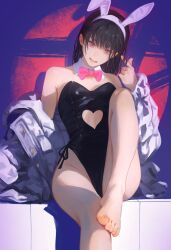 Rule 34 | 1girl, absurdres, animal ears, bare legs, barefoot, black hair, bow, bowtie, chainsaw man, clothing cutout, detached collar, fake animal ears, feet, heart cutout, highres, jacket, knee up, leotard, mitaka asa, open clothes, open jacket, open mouth, pink bow, pink bowtie, pink eyes, playboy bunny, playing with own hair, rabbit ears, sitting, solo, white jacket, yao liao wang