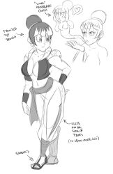 Rule 34 | 1girl, arrow (symbol), blush, breasts, bulchi, bulma, character sheet, chi-chi (dragon ball), cleavage, dragon ball, dragonball z, earrings, female focus, funsexydragonball, fusion, heart, highres, jewelry, monochrome, solo, text focus, white background, wide hips