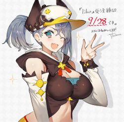 Rule 34 | 1girl, ;d, blue eyes, blush, breasts, cleavage, commentary request, dated, detached sleeves, grey background, grey hair, hand up, hat, large breasts, looking at viewer, one eye closed, open mouth, original, smile, solo, toridamono, translation request, upper body, w